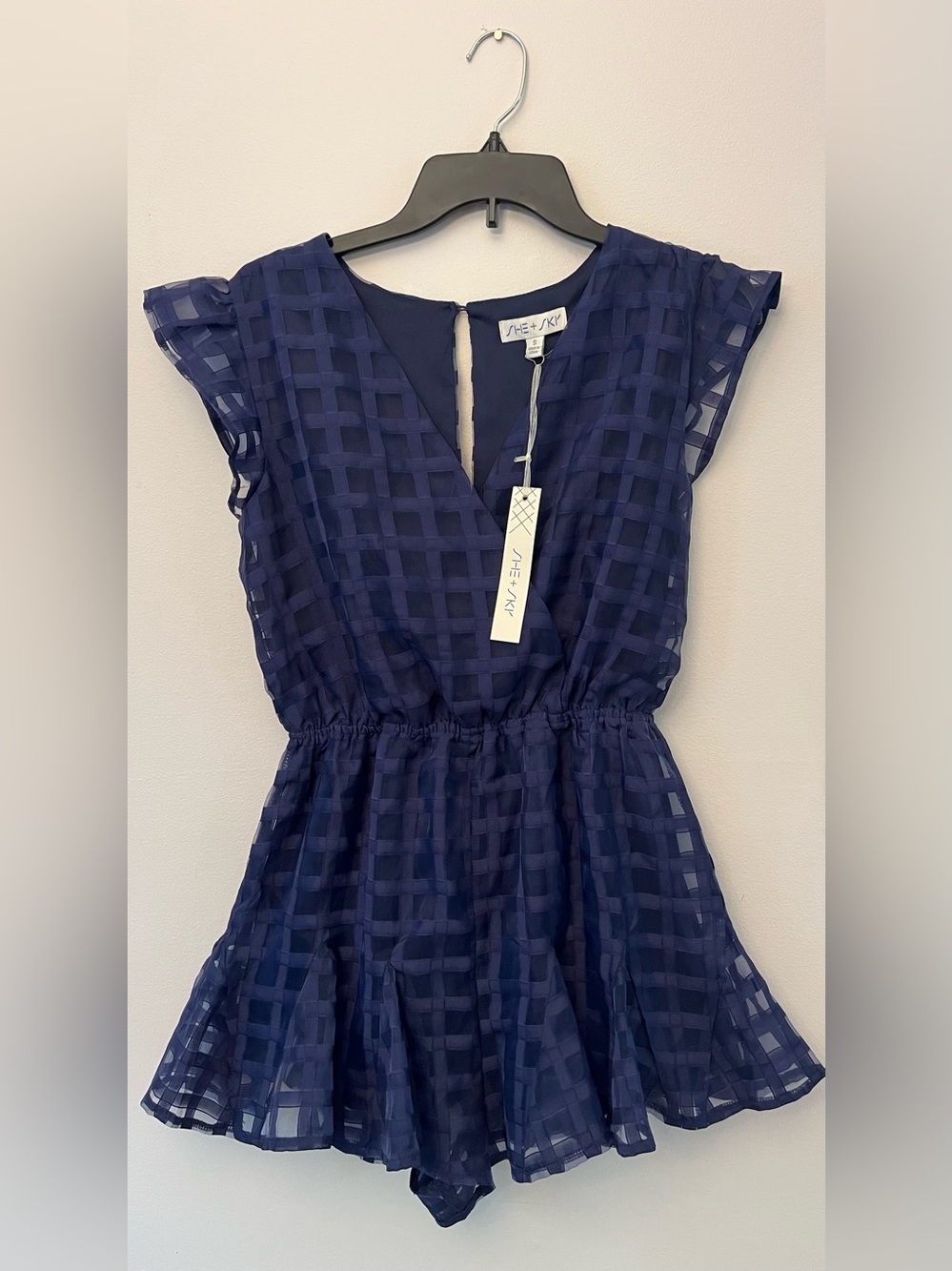 NWT She + Sky Navy Checkered Mesh Cap Sleeve Romper V-Neck Size S